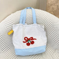Embroidery Cherry Women's Shoulder Bag Retro Dot Female Drawstring Handbags Large Capacity Ladies Foldable Tote Shopping Bags