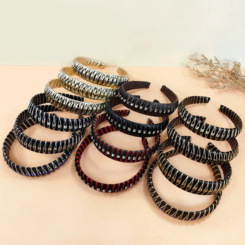 Braided PU Fabric Rhinestone Hair Hoop Luxury Cloth Crystal Hair Band Accessories Womens Bling Golden Headbands
