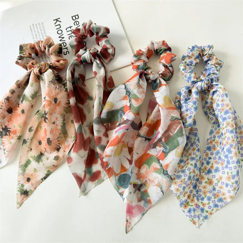 Fashion Hair Accessories Long Scarf Ribbons Scrunchies Women Bow Tie Elastic Ponytail Holder Floral Hair Bands