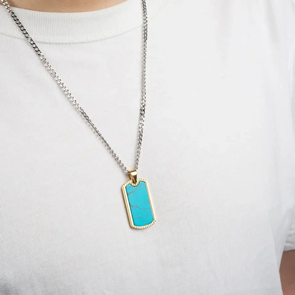 Stainless Steel Natural Turquoise Rectangle Pendant Men Necklace Steel Gold Plated for Women Men