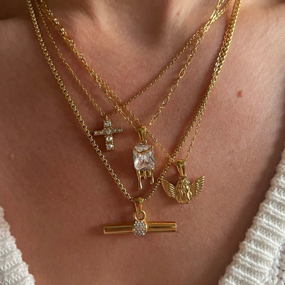 Luxury Stainless Steel 18K Gold Plated Lava Water Drop Link Chain Pendant Necklace for Women