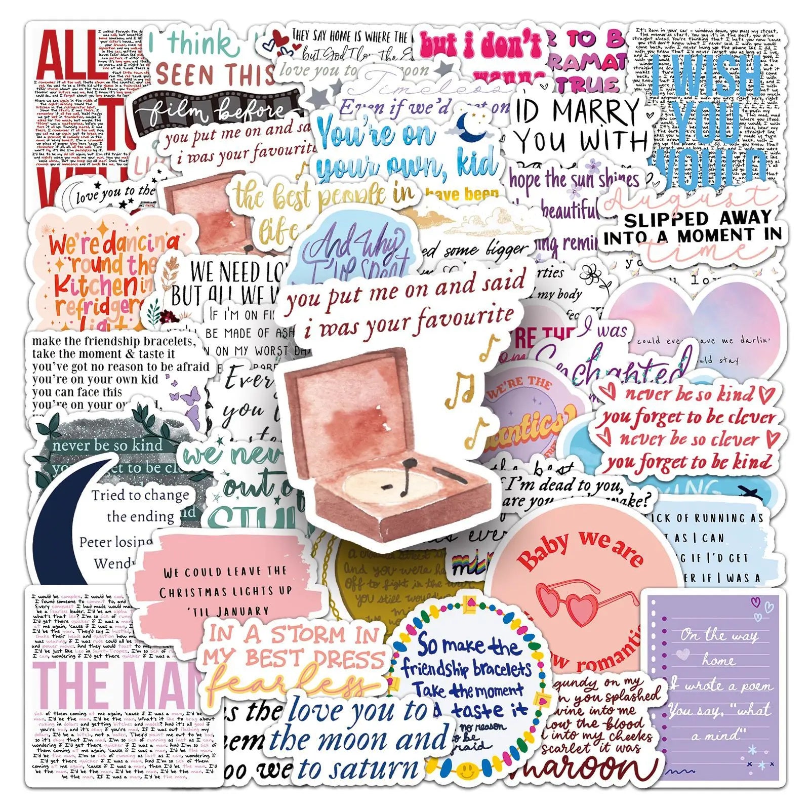 50pcs English Album Self Adhesive Stickers for Laptop Phone Case Suitcase Skateboard Guitar Table and Books