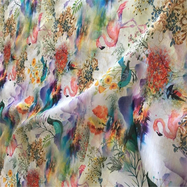 Painting Digital Printing Silk Blend Flax Silk Linen Flamingo Design Pink for Women Dress Wind Coat
