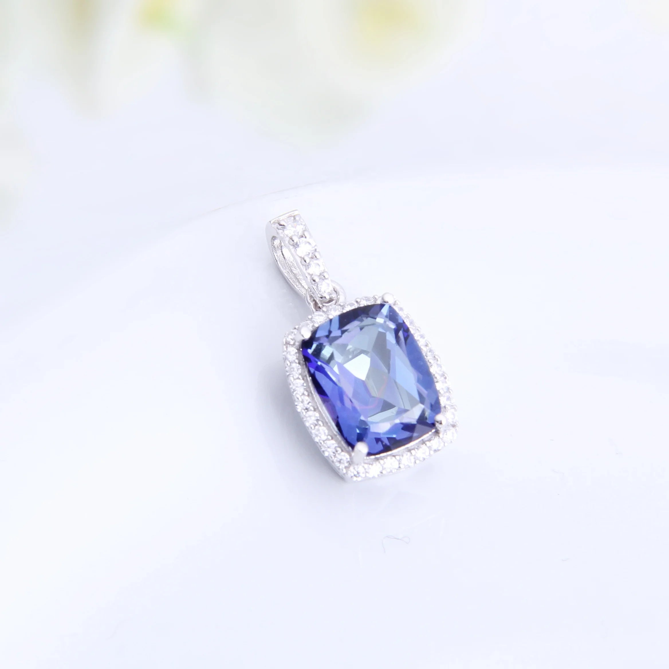 Abiding Natural Lolite Blue Mystic Quartz Cubic Zircon Fashion Cushion Halo 925 Sterling Silver Pendant for Women Engagement