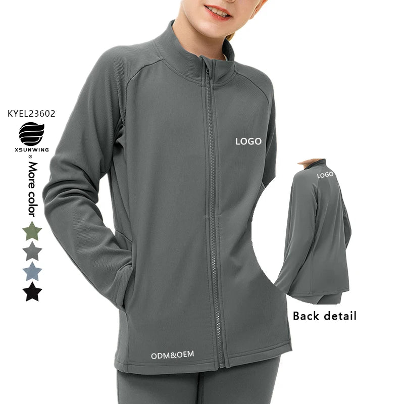 Xsunwing New Winter Children Yoga Long Sleeve Fleece Cardigan Outerwear Girls Outdoor Sports Training Workout Jackets KYEL23602