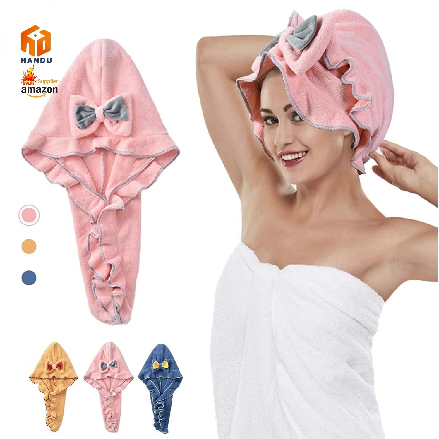 Absorbent Fast Drying Soft Women's  Button Drying Turban Cap Cute Bow Lace Microfiber Hair Towel
