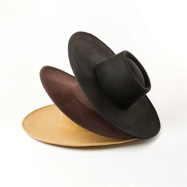 X1272 Unisex Wool Fedora Hats Light Body Ring Flat Top Big Brim Hats Wool Top Hat Catwalk Shopping Big Edge Felt Caps Adjust