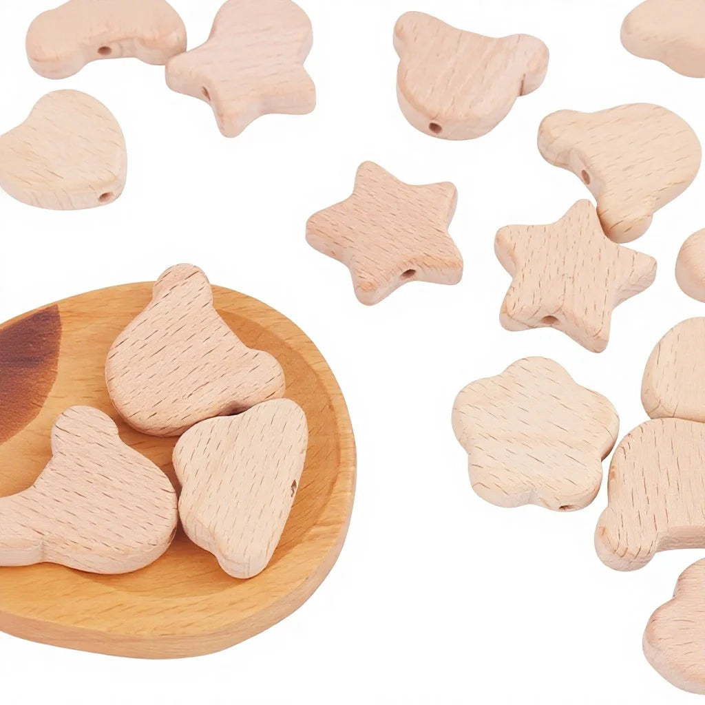 Xiximi Cute Shape Organic Beech Bead Wood Beads Bunny Flower Heart Star Wooden Teething Toy Pacifier Clip DIY Accessories Beads