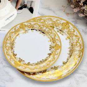 Luxury 2pcs 10.5+8inch Gold Elegant Pattern Royal Bone China Porcelain Hotel Dinner Plate Dish Set Different Color Available