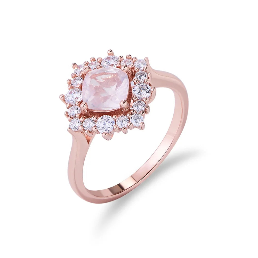 Fashion Pink Crystal Engagement Wedding Rings Rose Gold Plated S925 Silver Cubic Zirconia Natural Gemstone Ring Jewelry for Girl