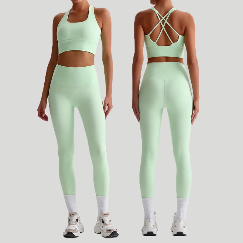 High Quality Women's Yoga Set Breathable Solid Pattern Backless Sports Bra & Fitness Running Pants with Front Logo Naked Feeling
