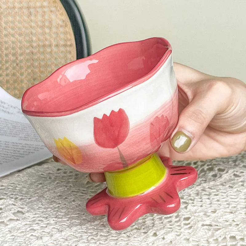 Ins Hand Painted Tulip Ceramic Goblet Creative Cute Ice Cream Dessert Ceramic Mug