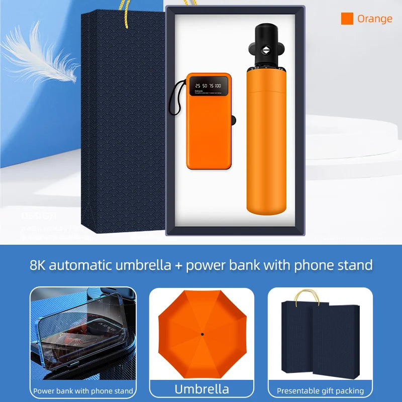 High Quality Manufacturer Custom Logo 10000mAh Business Power Bank Phone Stand + Umbrella Gift Set Silk Screen Printing