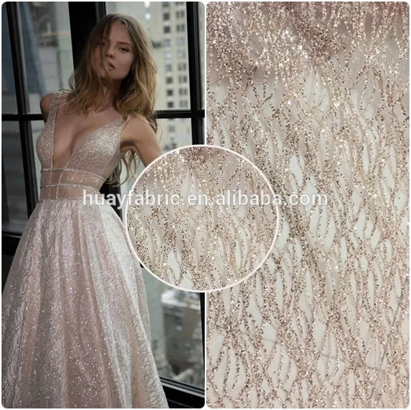 Elegant Classical French Rose Gold Shining Glitter Lace Wedding Bridal Dress Net Lace Fabric HY0623-3