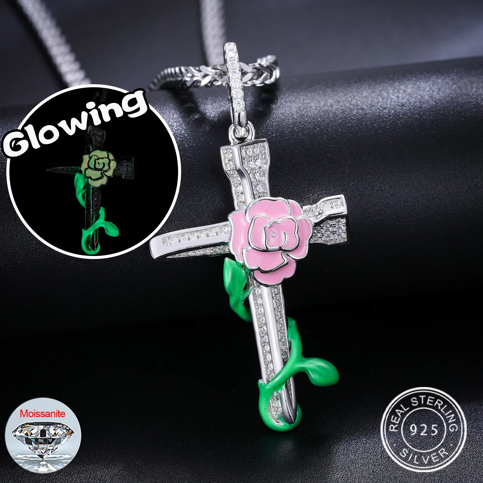 Dropshipping Enamel Plated Hip Hop Jewelry Glowing 925 Sterling Silver VVS Moissanite Diamond Rose Flower Cross Pendant