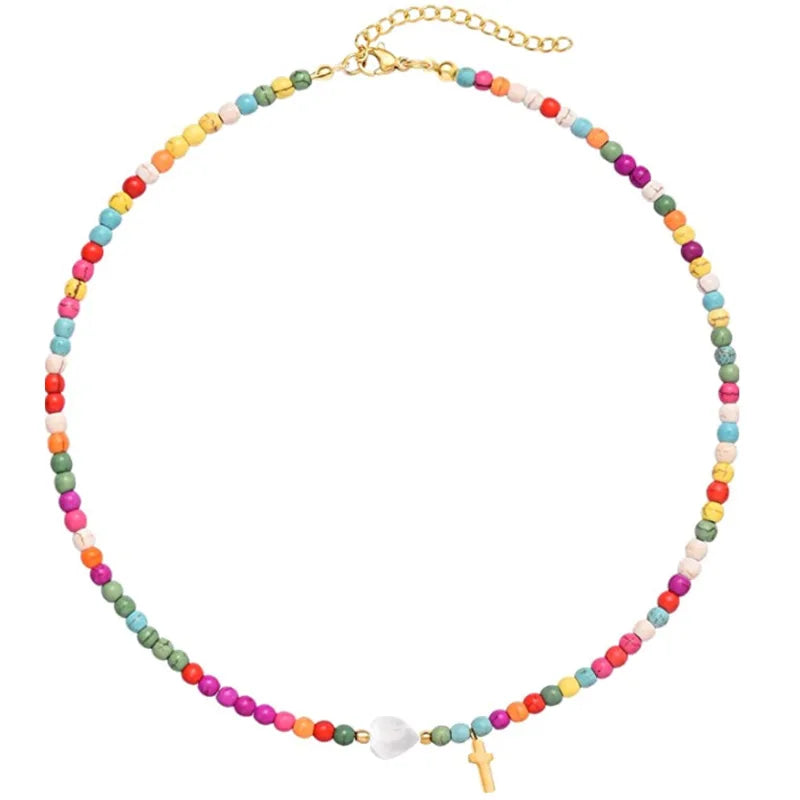 Handmade Beaded Necklace Bohemian Beaded Cross Pendant Jewelry