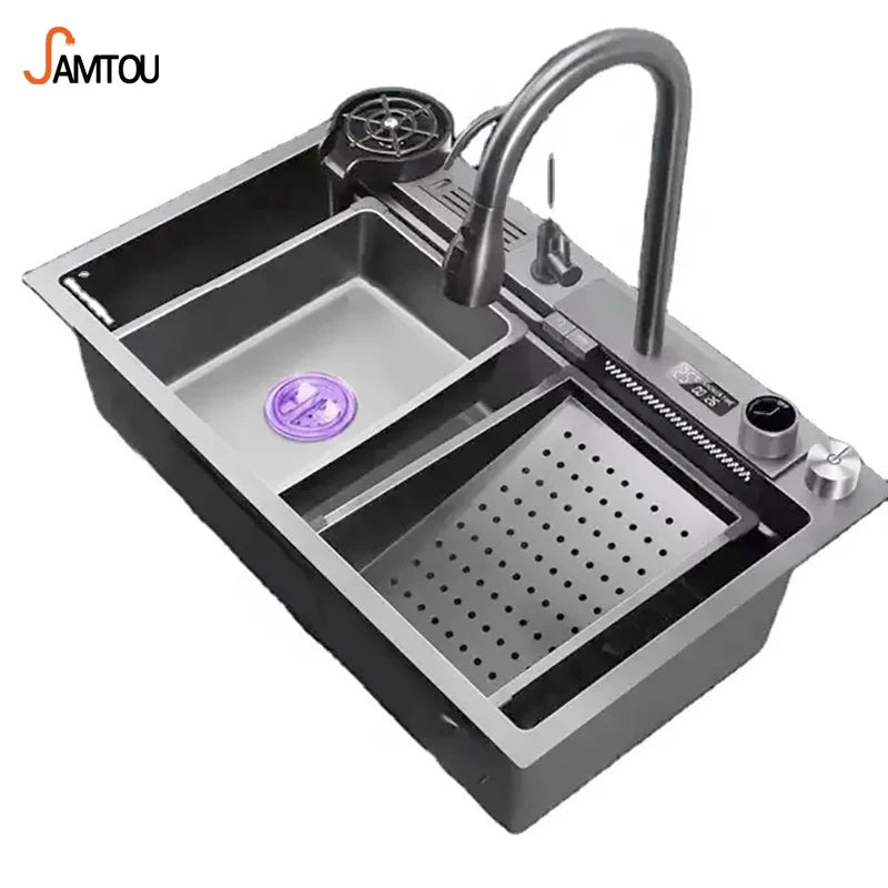 SAMTOU Nano 304 Stainless Steel Large Single Slot Multi-Function Temperature Display Piano Key Waterfall Kitchen Sink With Knife