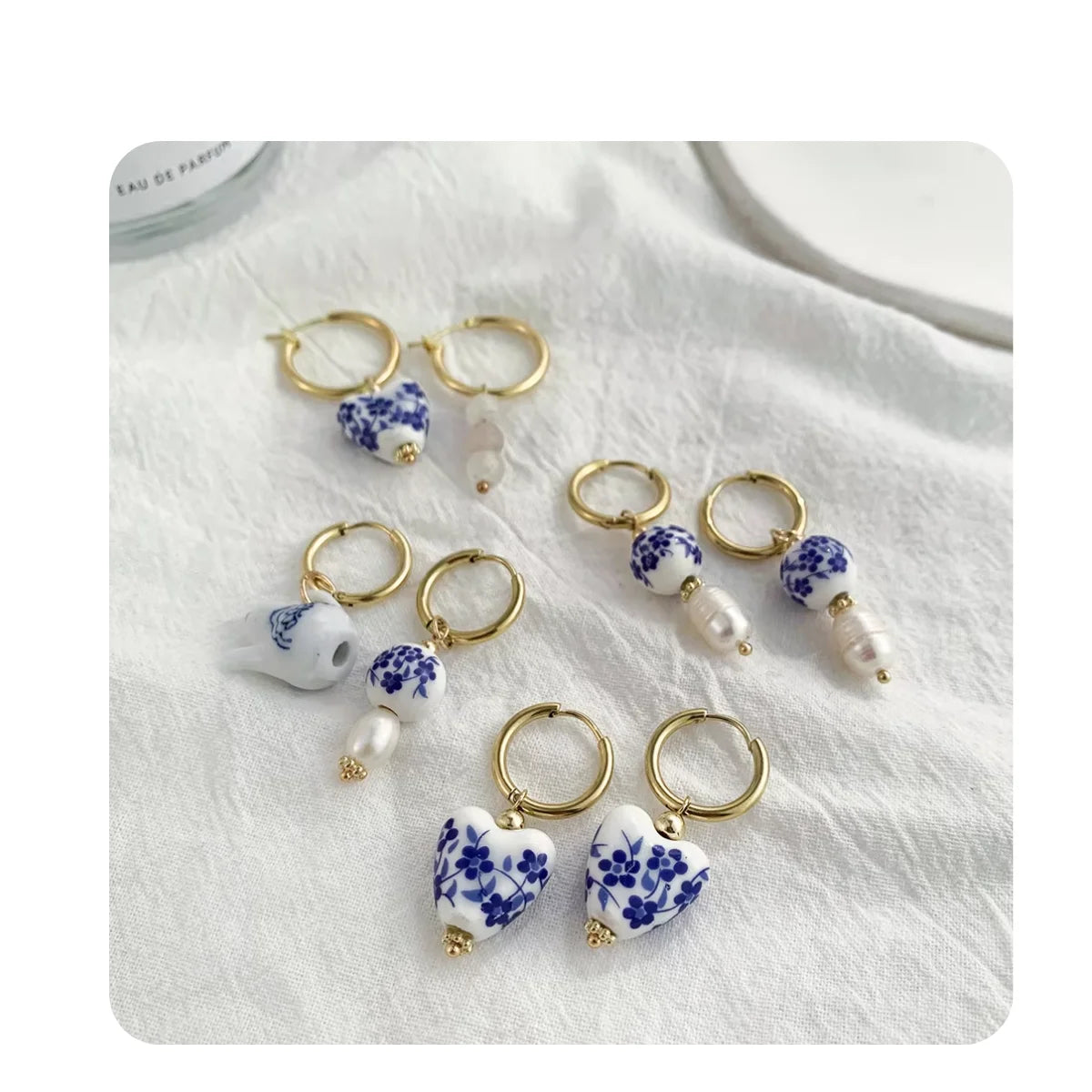 Vintage Blue and White Blue Flower Ceramic Beads Hoop Earrings for Women Fashion Asymmetric Stainless Steel Round Earrings
