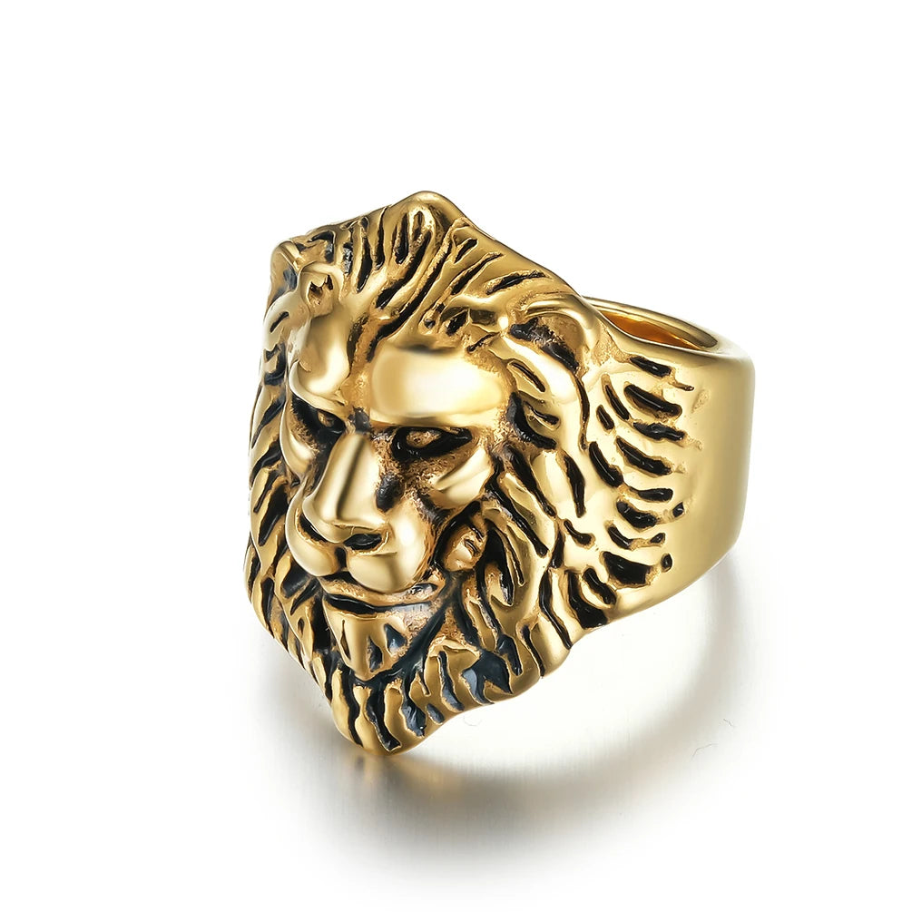 Retro Style Vintage Stainless Steel Domineering Gold lion Head Titanium Steel Men's Jewelry Metal Finger Ring