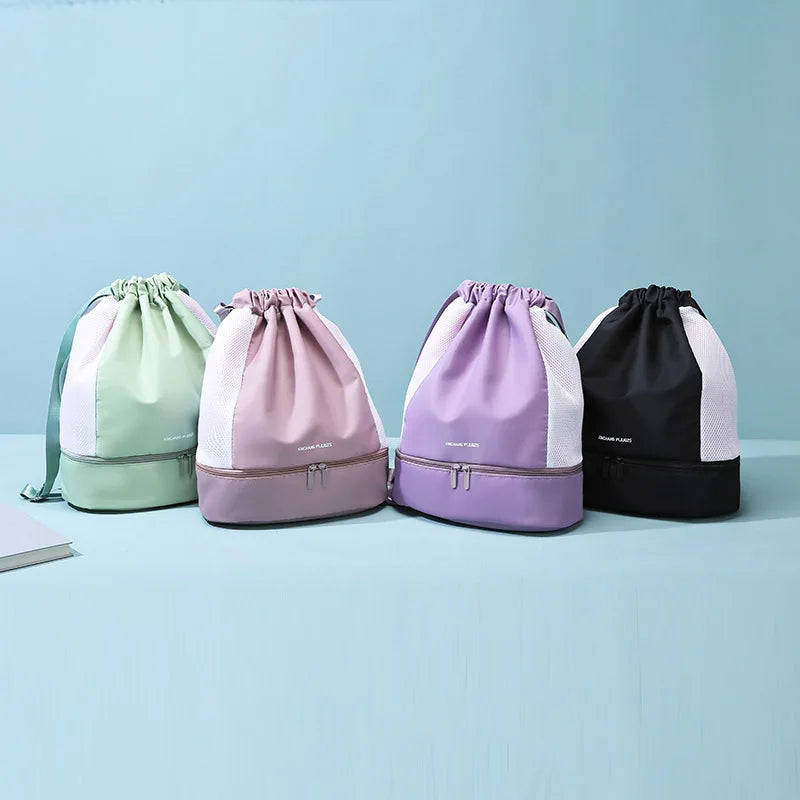 Large Nylon Drawstring Swim Gym Backpack with Separated Dry and Wet Compartments Fashion Style for Swimming & Gym Use