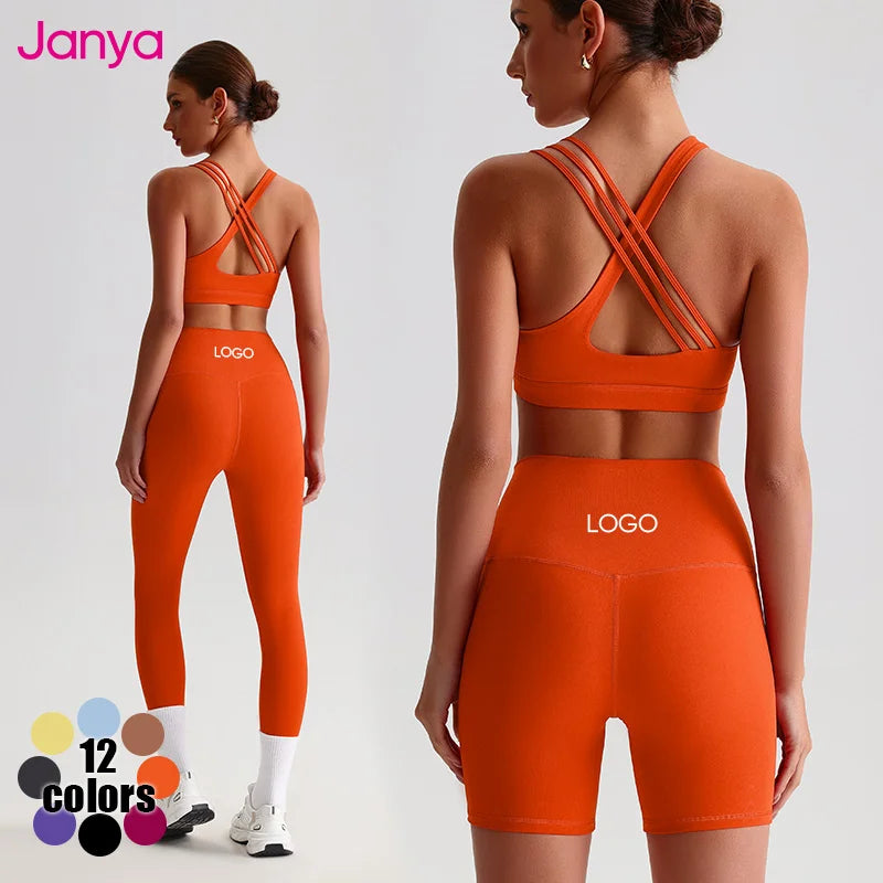 Janya Women's Breathable Sportswear Suit Quick Dry High Waist Gym Fitness Leggings Sets Cross Back Sports Bra Solid Yoga Set