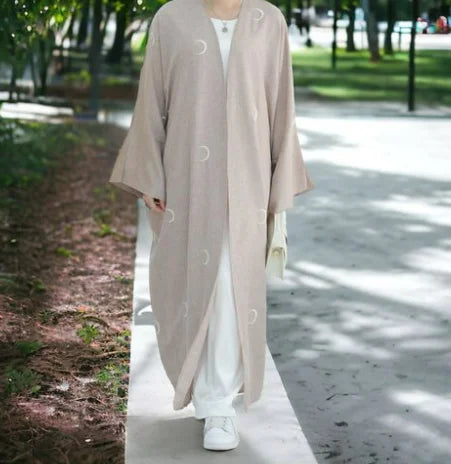 Mexizo Hot Selling Open Abaya Moon Embroidered Cardigan Robe Solid Color Linen Fabric Muslim Women Dresses