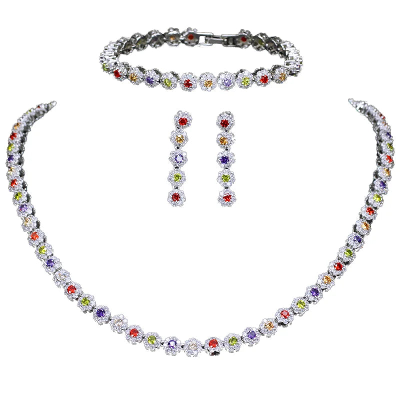 Spring Rainbow Color Cube Zirconia Flower Jewelry Set