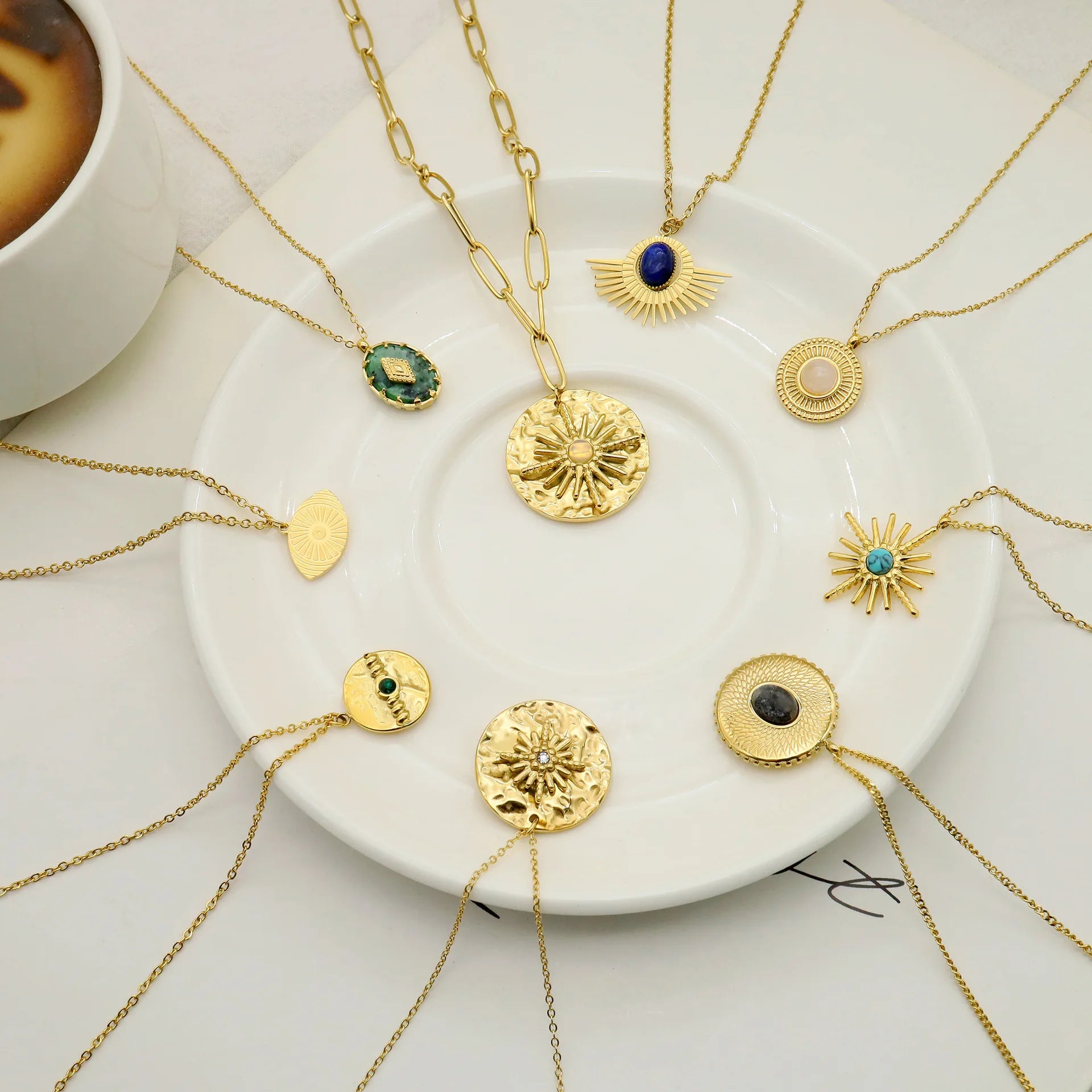 2023 Trendy Stainless Steel Jewelry Wholesale Birth Opal Turquoise Stone Charms  18 K Gold Filled Plated Necklace