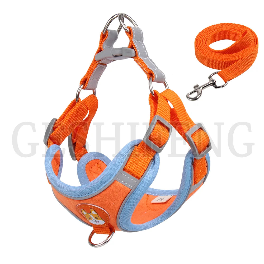 D-210909-10 Hot sale contrast colorful reflective 1.5m traction rope Breathable Suede Pet Harness Set