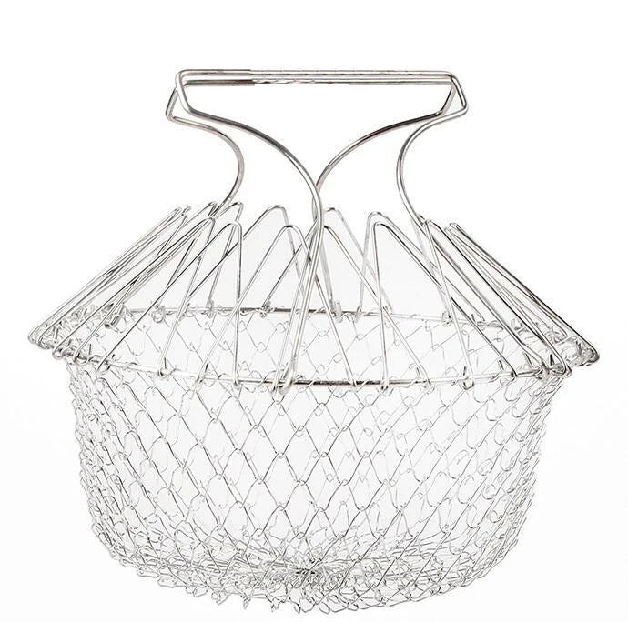Foldable Stainless Steel Round Wire Fry Basket Kitchen Gadgets Steam Rinse Vegetable Water Strain Colander Kitchen Essentials