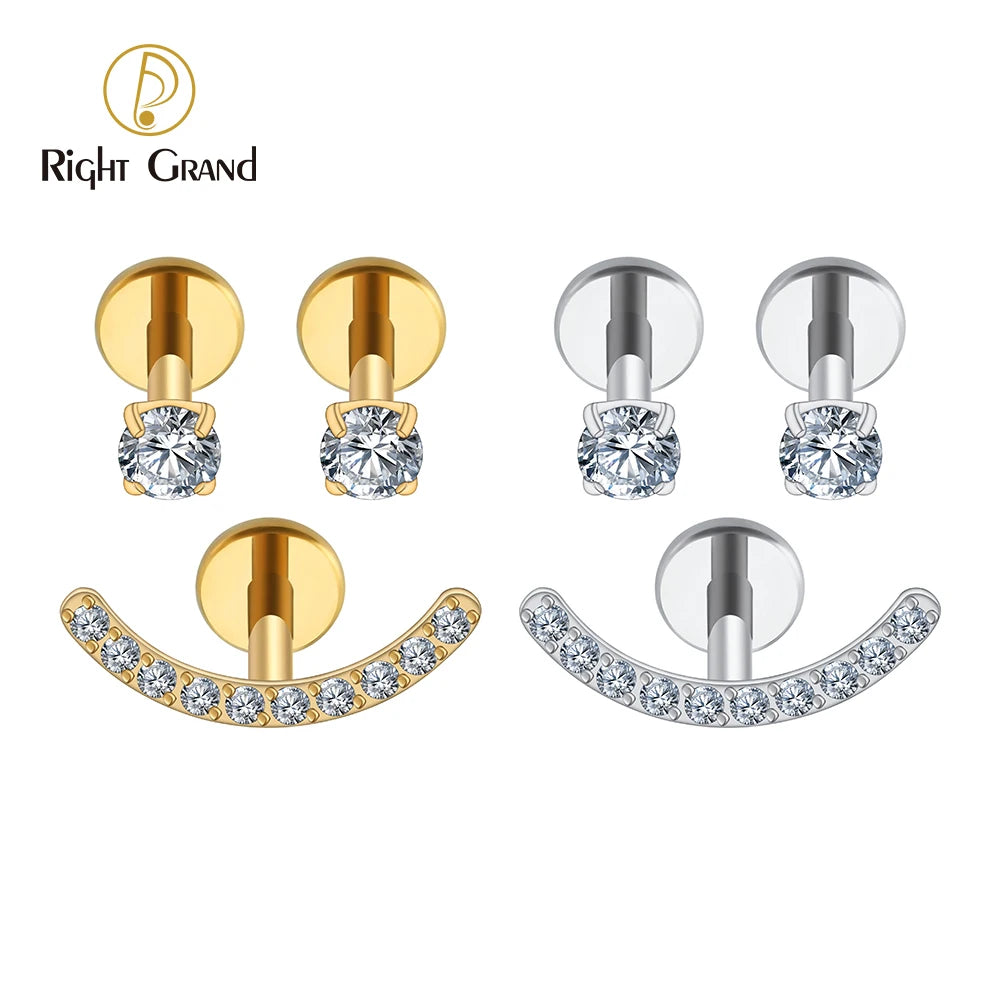 3pcs/Set ASTM F136 Titanium 16G Happy Smile Stud Earrings Cubic Zirconia Internally Threaded Flat Back Piercing
