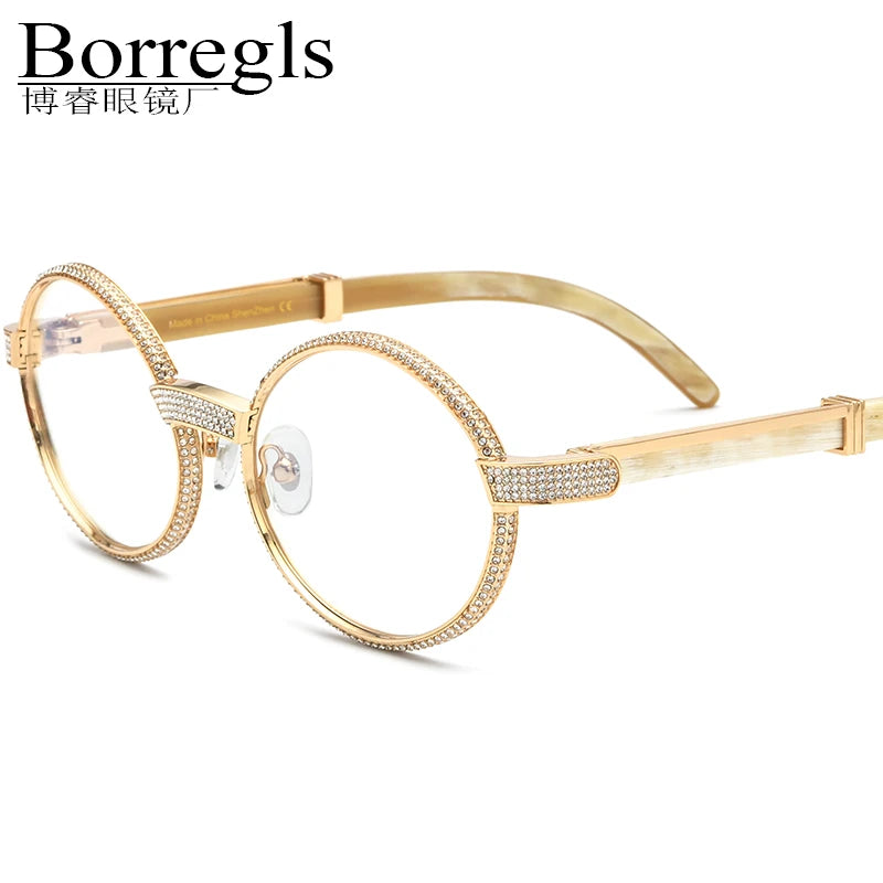 Borregls Buffalo Horn Glasses Men New Brand Designer Round Luxury 720pcs Diamonds Buffs Eyeglasses Frames for Women 17550179
