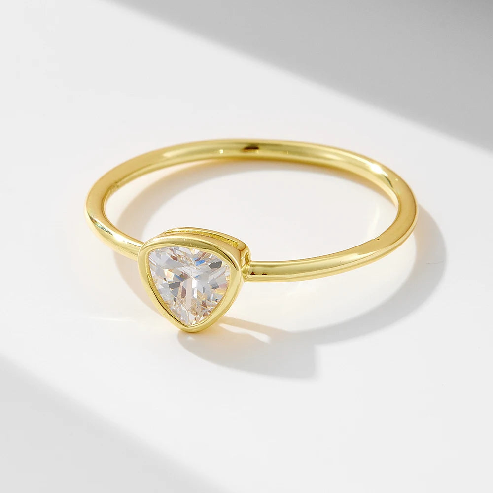 New Fashion Real 925 Sterling Silver 14K Gold Plated Simple Geometric Triangle Cz Single Fine Ring for Women Jewelry