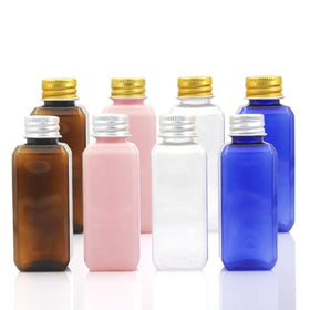 50ml Square Plastic Bottle Pink Brown Clear PET Empty Cosmetic Packaging Bottle with Aluminum Lid