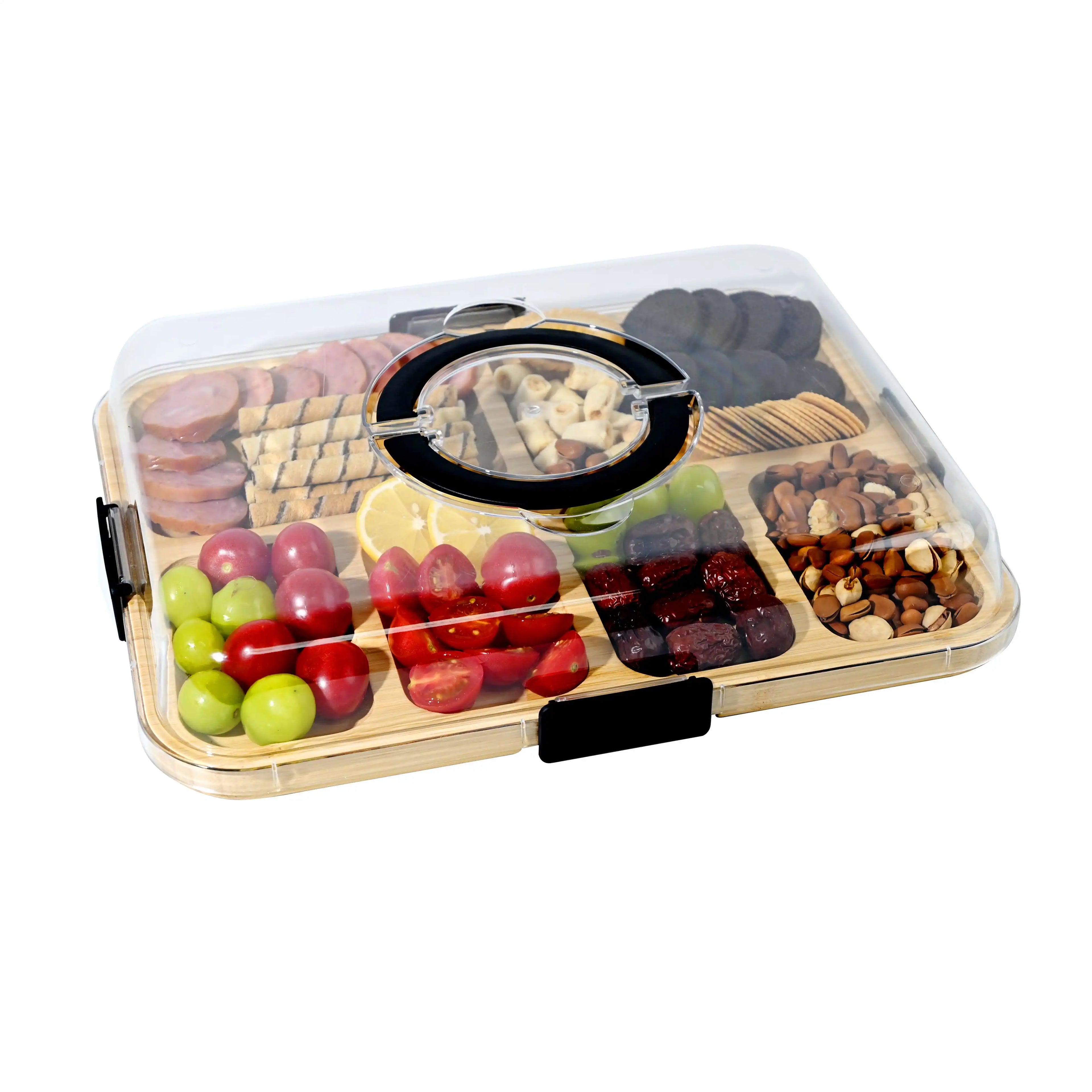 Portable Durable Bamboo Cheese Board Set with Round Charcuterie Board Compartments Clear Locking Lid 1CM Thickness