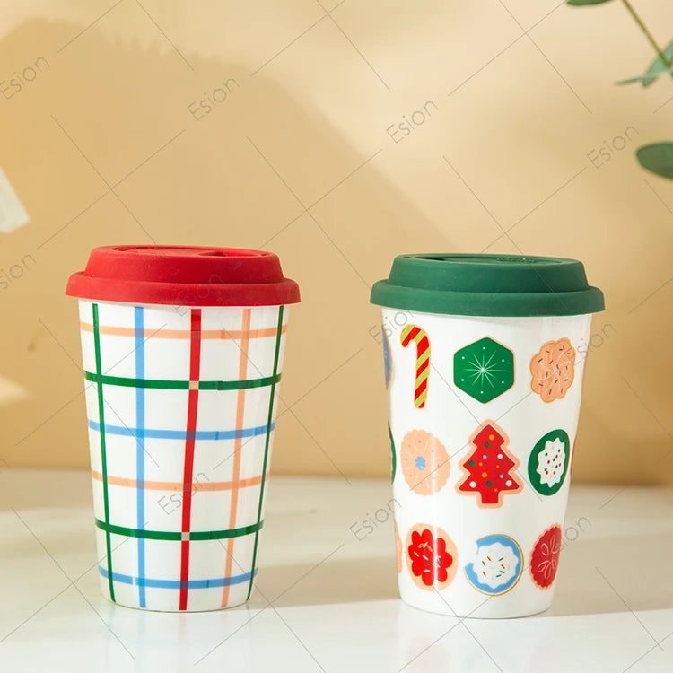 Wholesale Cute Reusable White Christmas Decals Ceramic Coffee Travel Mug Porcelain Tea Cups with Silicone Lid