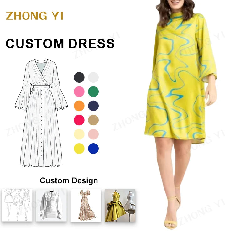 Satin Fabric Abstract Print Women Dresses Casual Summer Stand Collar Half Sleeves A-Line Casual Mini Women's Elegant Dress