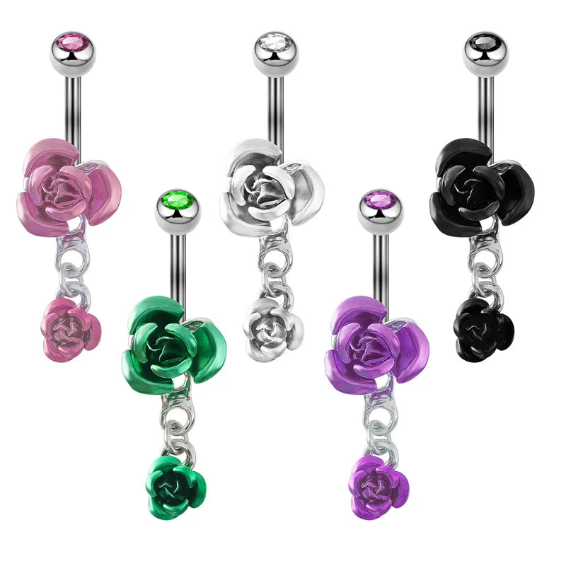 Gaby New Release Lovely Red Rose Belly Ring Stainless Steel Flower Dangle Navel Button Piercing for Parties Body Jewelry