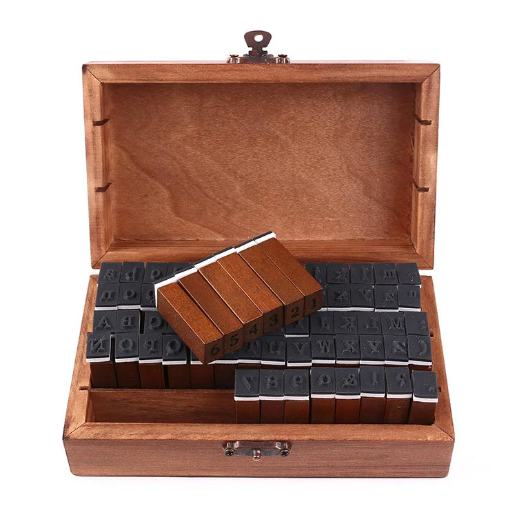 70PCS DIY Number Alphabet Letter Stamps Set With Wooden Box School Supplies Vintage Wooden Rubber Seal Stamps