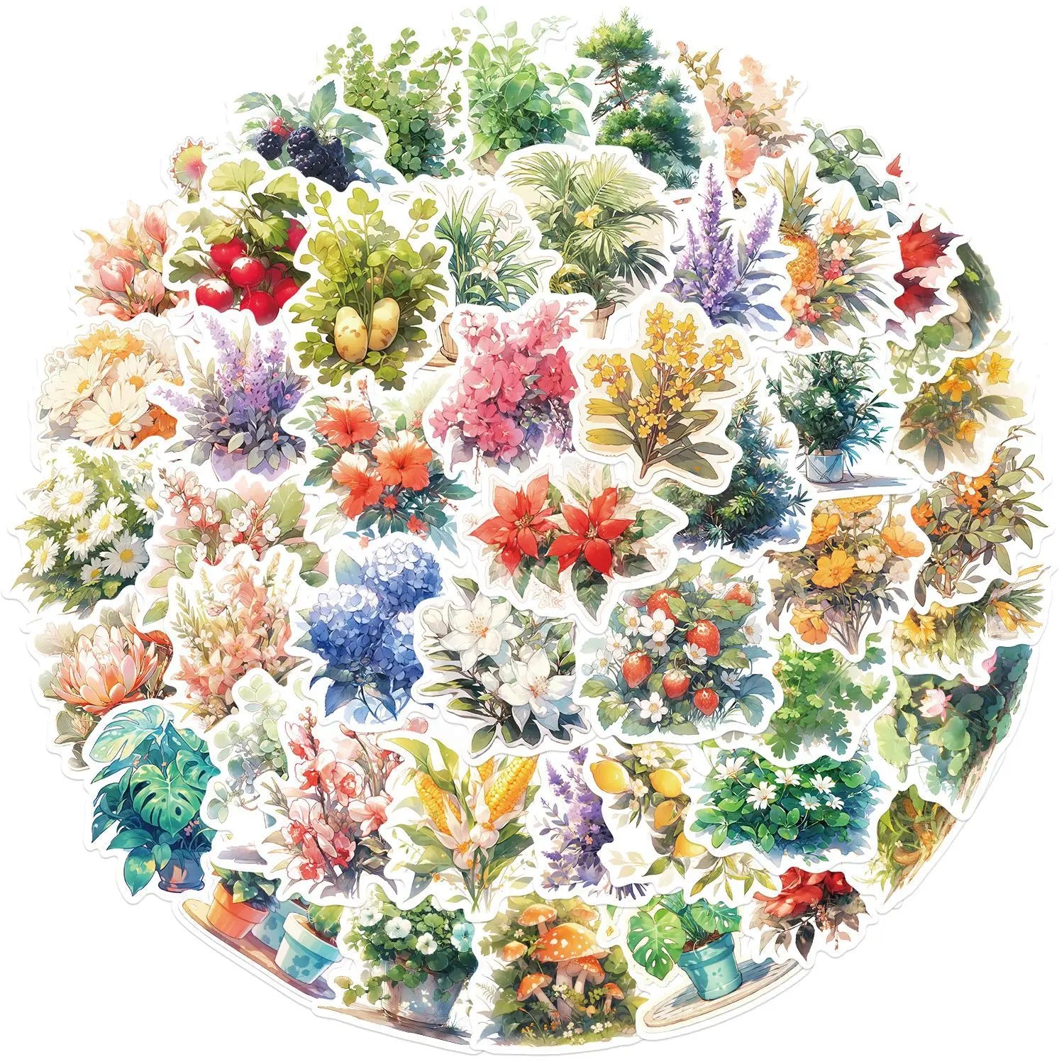 50PCS Watercolour Freshness Aesthetic Flower Colorful Potted Plant Floral Sticker
