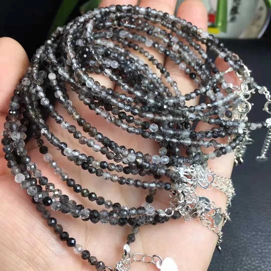 Natural Chakra Healing Crystal Jewelry Black Tourmalinated Rutilated Quartz Faceted 925 Sterling Silver Bracelets