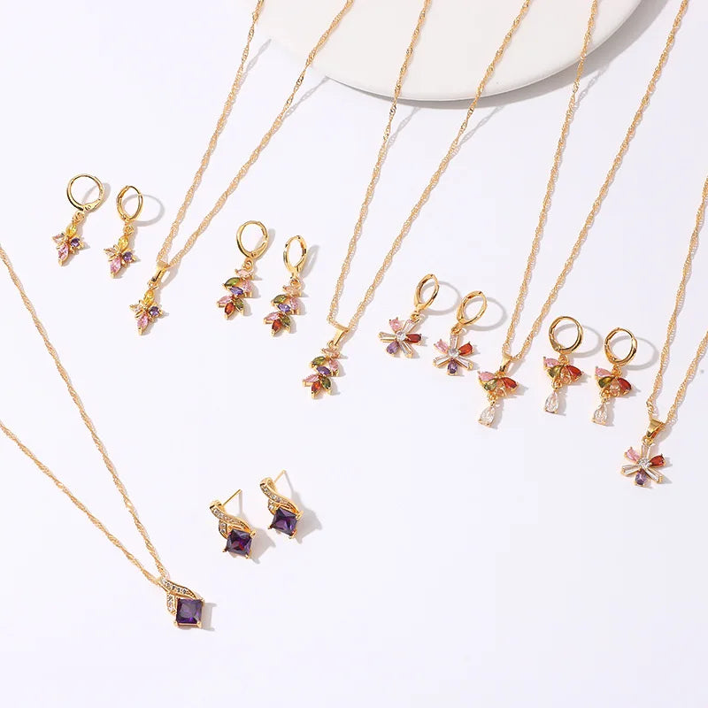 Luxury Fashion Jewelry Set Anniversary Gift Gold Plated Copper Colorful Zircon Charm Geometric Leaf Flower Jewelry Set