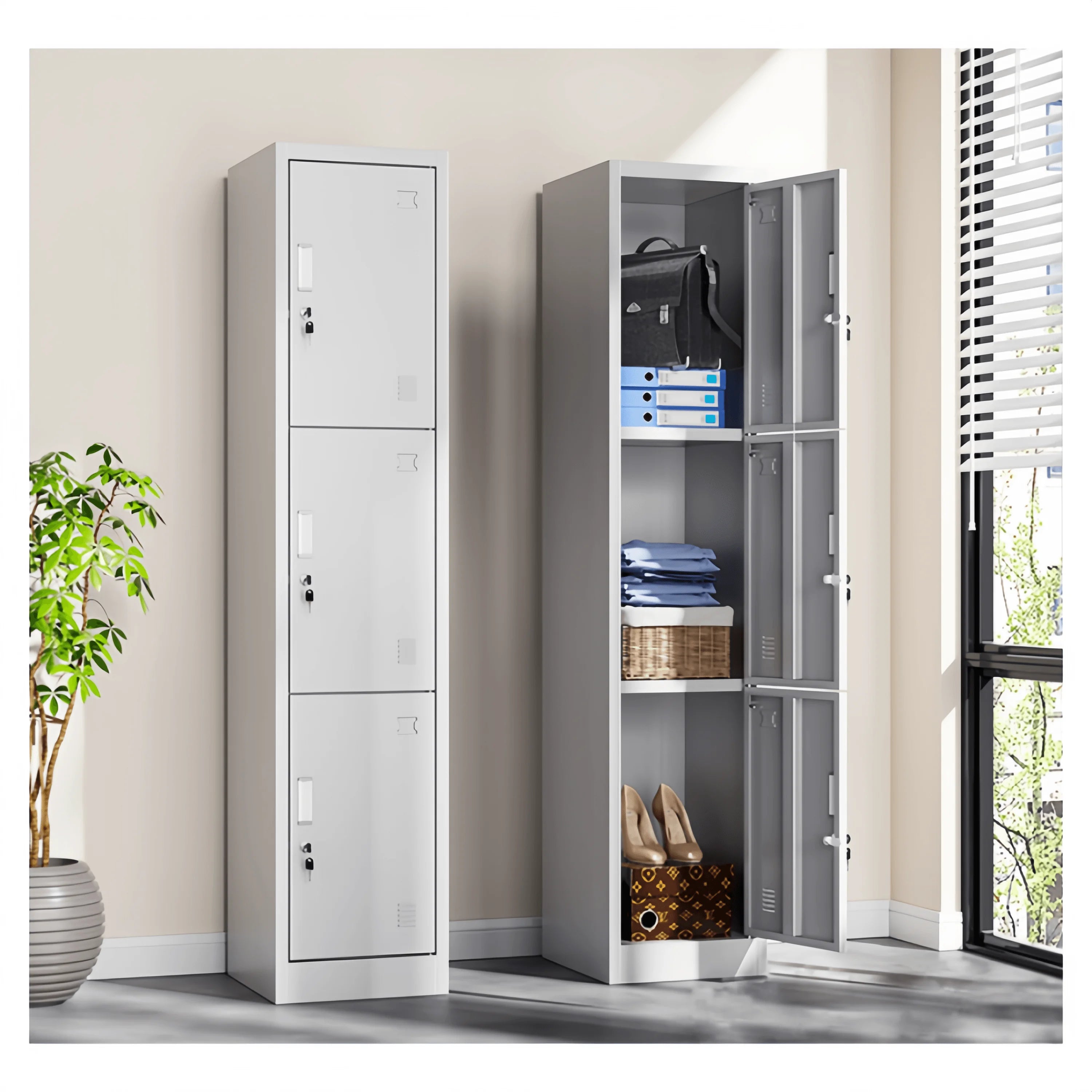 Best Price of New Design 3 Doors Wardrobe Metal Storage Locker with Mirror Shoes Storage Cabinet