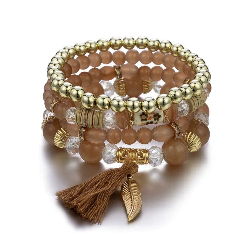 New Arrival Boho Beaded Bracelet Tassel Wing Charms Metal Coffee Crystal Beads with Gold Plating 4pcs Set for Wedding Gift