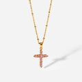 Religious Christian Jewelry Ins Popular 18K Gold Plated Stainless Steel Pink Zircon Cross Pendant Necklace for Women
