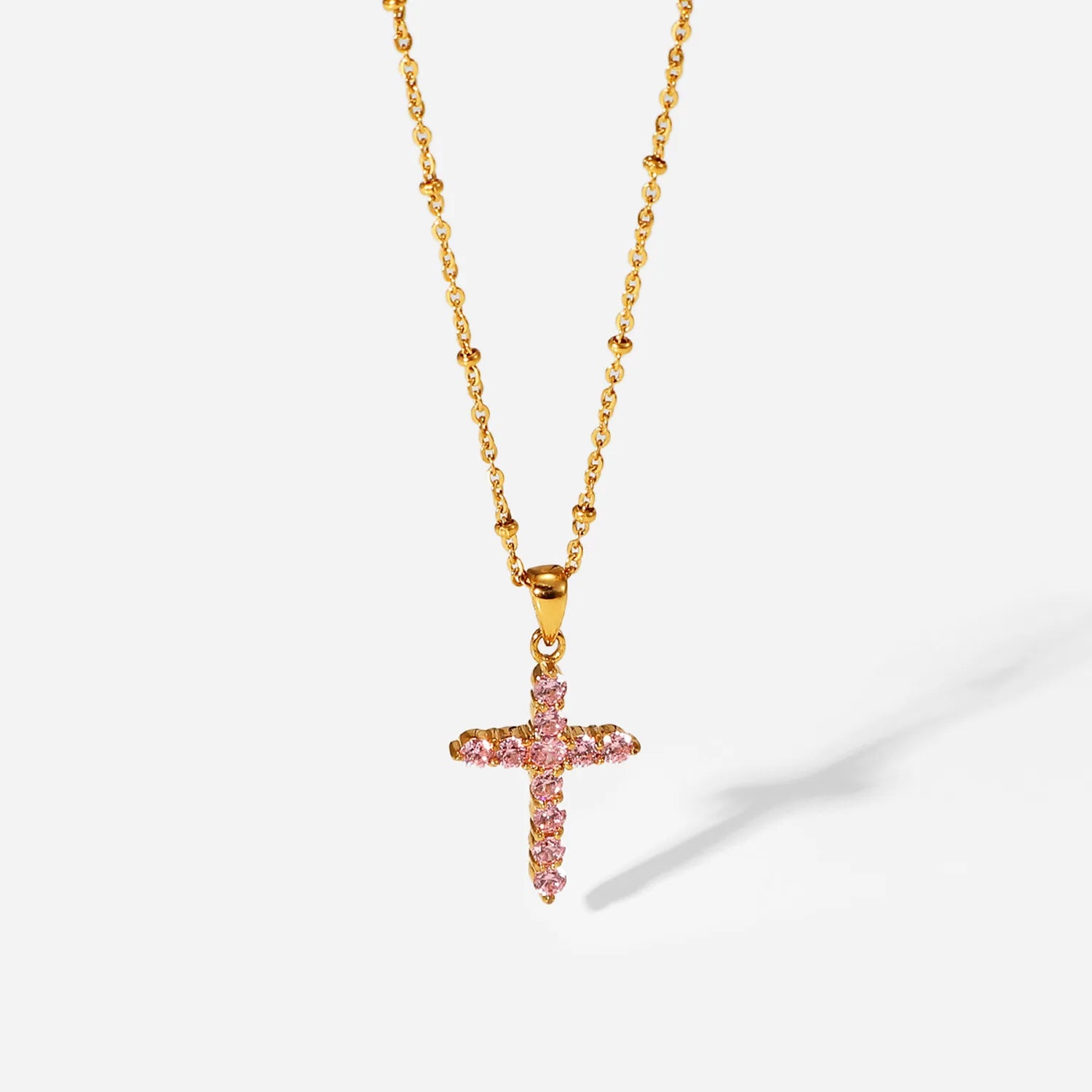 Religious Christian Jewelry Ins Popular 18K Gold Plated Stainless Steel Pink Zircon Cross Pendant Necklace for Women