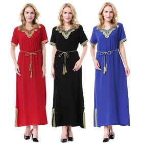 Dubai & Saudi Arabia Women's Linen Kaftan Middle East Islamic Maxi Dress with Anti-Static Feature Short Sleeves V-Neck Applique
