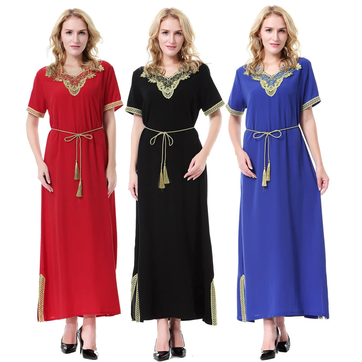Dubai & Saudi Arabia Women's Linen Kaftan Middle East Islamic Maxi Dress with Anti-Static Feature Short Sleeves V-Neck Applique