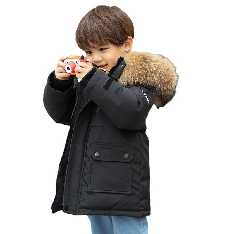Kids Wholesale Medium Long Thick White Duck Fleece Puffer Down Jacket Boys Children'S Fashionable Winter Clothes