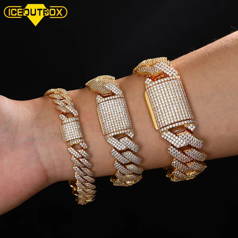 Fashion Jewelry Hip Hop Iced Out 18K Gold Plated Copper CZ Zircon Crystal Luxury Miami Cuban Link Chain Bracelet for Men Women